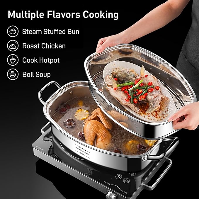 Eglaf 2-Tier Stainless Steel Fish Steamer - Multi-Use Square Steaming Cookware with Rack, Ceramic Plate, Chuck, Oven Mitts - Stockpot for Steaming Fish, Boiling Soup