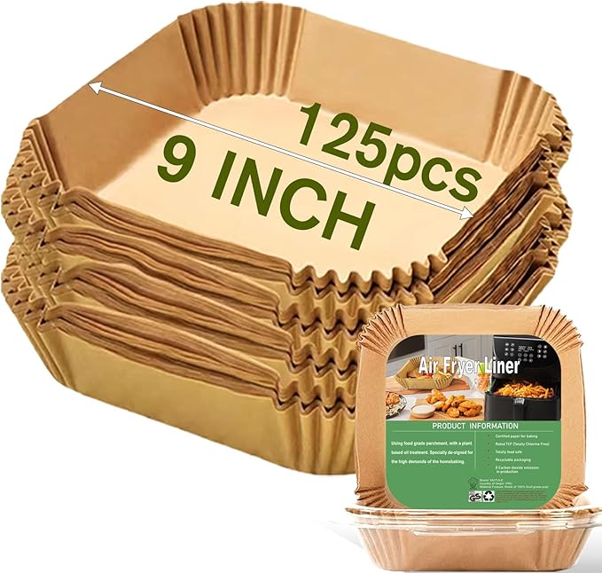 Large Air Fryer Disposable Paper Liners Square 9 Inch, 125 Pcs Parchment paper liner for 5-8QT Air fryer, Oil-proof, Water-proof, Parchment Baking Paper for Baking Roasting Microwave