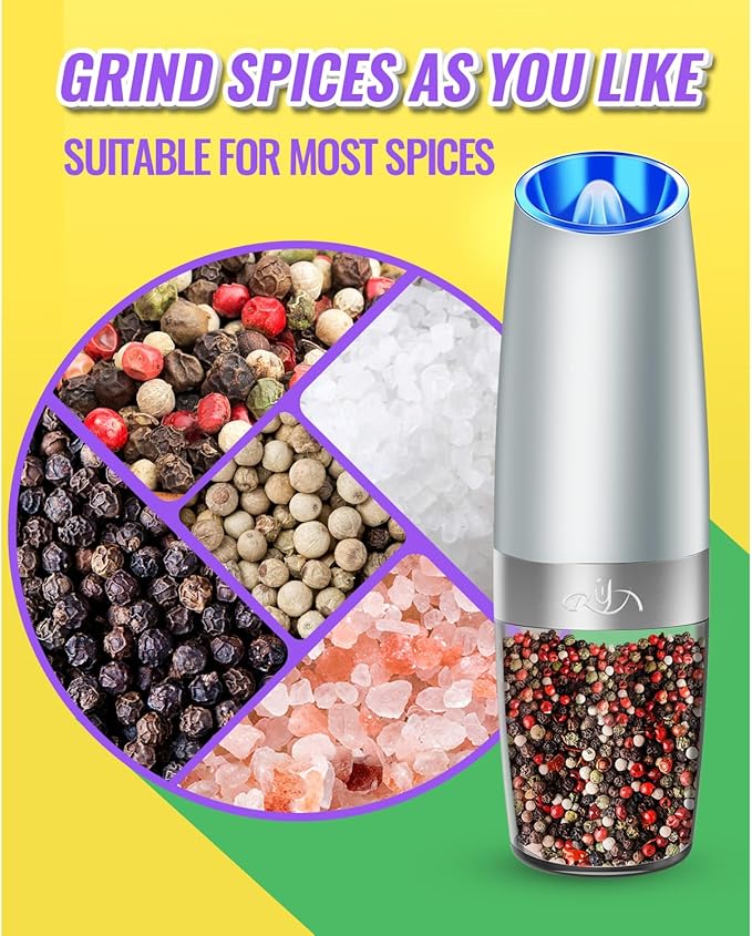 Rongyuxuan Gravity Salt and Pepper Mill Set,Electric Automatic Pepper Grinder Mill Shaker with Battery Powered,Stainless Steel,Blue LED Light,Adjustable Coarseness,One Hand Use,Light Grey