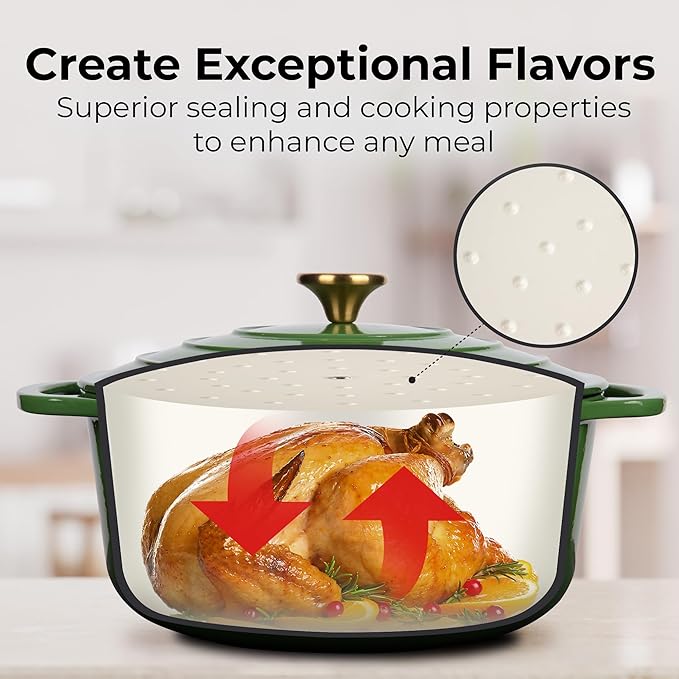 Zulay Kitchen 5 Quart Enameled Cast Iron Dutch Oven with Lid,Silicone Trivet & Heat Pad – Premium Durability & Oven Safe up to 500°F – Heavy Duty Cookware Perfect for Bread Baking, Stews, Braising & Roasting – Green