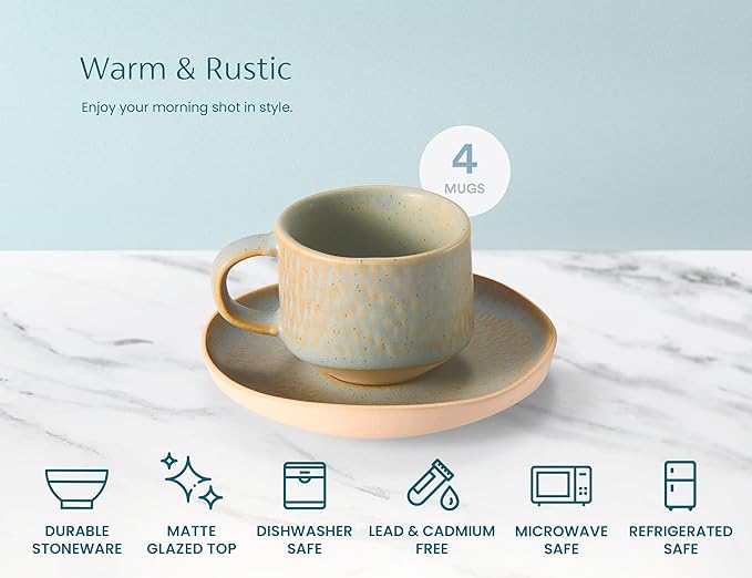 KooK Espresso Mug and Saucer Set, Ceramic Cups and Plates with Rustic Organic Shape and Feathered Texture, Dishwasher and Microwave Safe, 2.7 oz, Set of 4, Neutral Multicolor