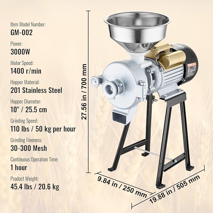 VEVOR Electric Grain Mill Grinder, 3000W Spice Grinders, Commercial Corn Mill with Funnel, Thickness Adjustable Powder Machine, Heavy Duty Feed Flour Cereal Mill Wheat Grinders, Dry & Wet Grinder