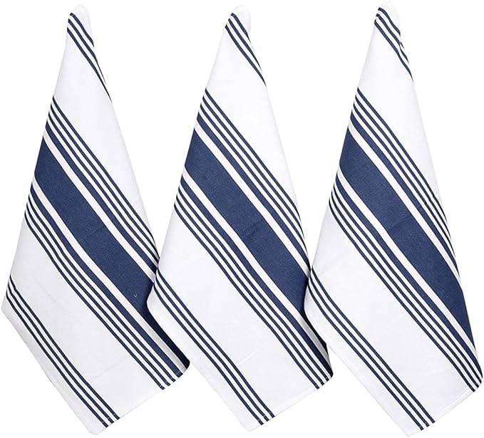 Urban Villa Kitchen Towels 100% Cotton Pack of 3, Highly Absorbent Quick Drying Soft Premium Dish Towels for Kitchen with Hanging Loop Hand & Tea Towels - 20x30 Inch, (Indigo Blue & White, Striped)