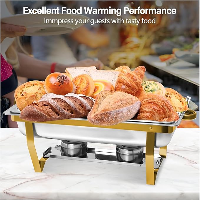 Chafing Dishes for Buffet 4 Pack, 9QT Gold and Silver Stainless Steel Chafing Dish Buffet Set Chafers and Buffet Warmers Sets for Any Party with Complete Set