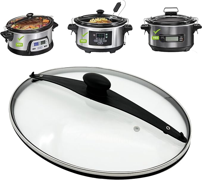 Oval Glass Lid Compatible with Hamilton Beach Slow Cooker (6quart) Model 33969 33866 33861, The Silicon Ring around the lid help to seal the pot, Clips help to lock the lid.