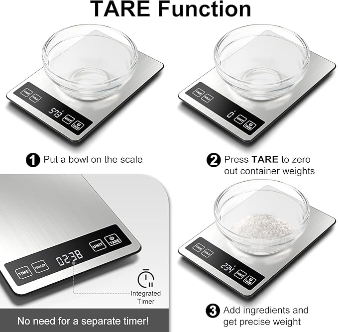 Fuzion Food Scale, 1g/0.1oz Kitchen Scale Grams and Ounces - 22lb, 7 Units, Tare & Timer Functions, Rechargeable Power, Tempered Glass & Stainless Steel - Digital Food Scale for Cooking, Baking