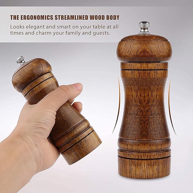 Powstro Pepper Grinder - 5 inch Pepper Mill Pepper Grinder Refillable Oak Salt and Pepper Grinder Set Sea Salt Grinder Ceramic Pepper Mill Grinder Adjustable Rough Grinder