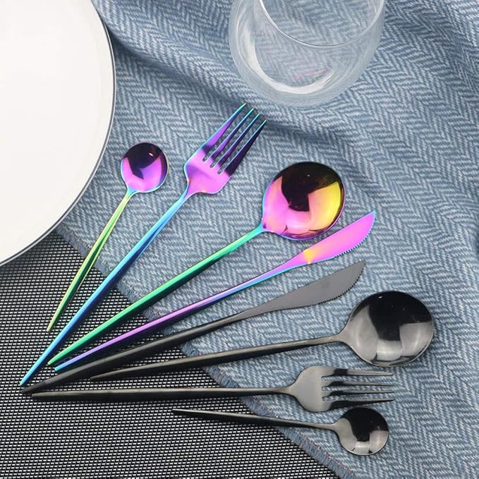 JASHII Flatware Set 24 Piece, Stainless Steel With Titanium Colorful Plated, Multicolor Flatware Set, Silverware, Rainbow Color Cutlery Set Service For 6