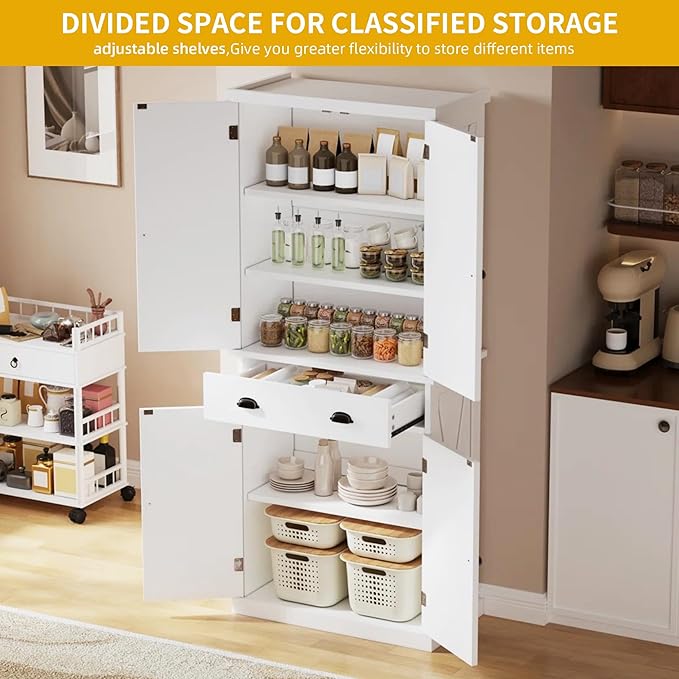 DWVO 72'' Farmhouse Kitchen Pantry, Rustic Wood Kitchen Storage Cabinets with Adjustable Shelves & Drawer, Tall Freestanding Cupboard for Dining Room, Living Room, White