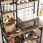 Bakers Rack with Power Outlet, 7-Tier Microwave Stand with Wire Basket, Coffee Bar with 4 s-Shaped Hooks, Kitchen Open Storage Shelf Rack for Spices, Pots, Brown