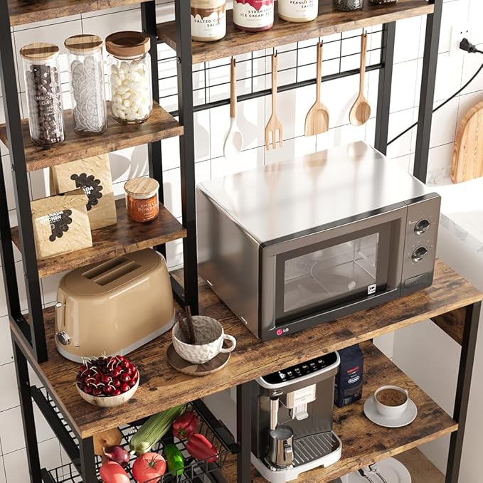 Bakers Rack with Power Outlet, 7-Tier Microwave Stand with Wire Basket, Coffee Bar with 4 s-Shaped Hooks, Kitchen Open Storage Shelf Rack for Spices, Pots, Brown
