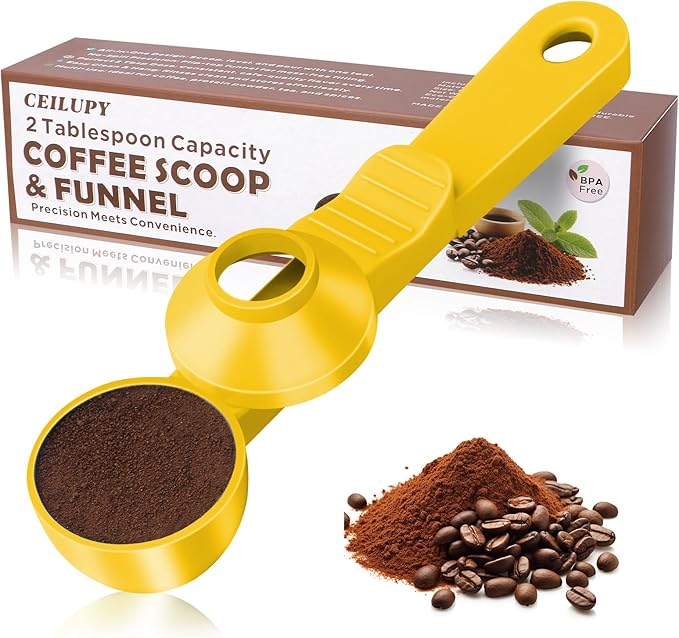 2-in-1 Coffee Scoop with Funnel, 2 Teaspoon Measuring Spoon for Reusable Pods, Ground Coffee, Protein Powder & Tea, Mess-Free Plastic Design (Yellow)