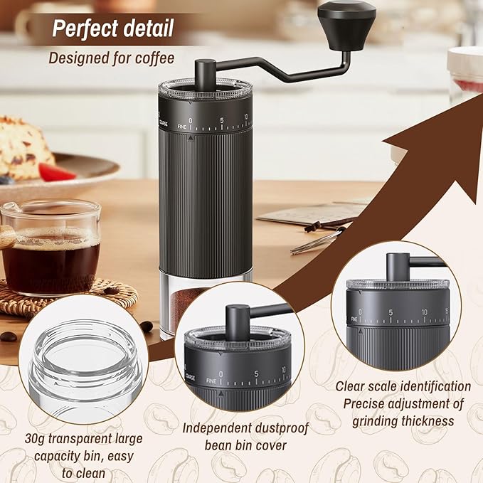 Portable Manual Coffee Grinder with with CNC Stainless Steel Conical Burr 40 Adjustable Settings,Hand Coffee Bean Mill with 30g Capacity & Crank for Travel Camping Office Home