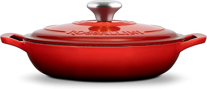 Signature Enameled Cast Iron Braiser, Non-Stick Serving Pot with Tight Fitting Lid for Perfect Roasting, Baking, Sauteing, Searing, and Pan Frying | 1.5Q (1.4L) - Red