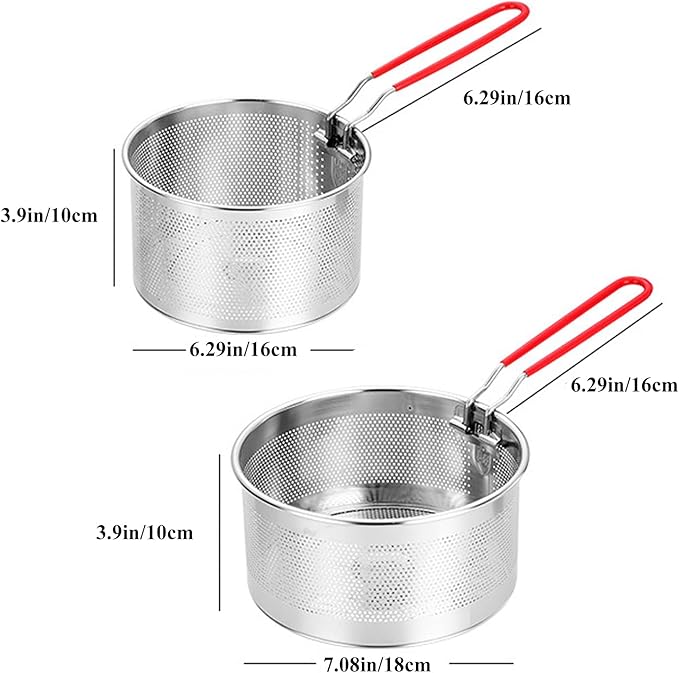 Pasta Strainer Set of 2, Stainless Steel Noodle strainer with Removable Handle Metal Pasta Strainer Basket Deep Fryer Basket, Kitchen Colander for Washing Draining Deep-frying Boiling Steaming