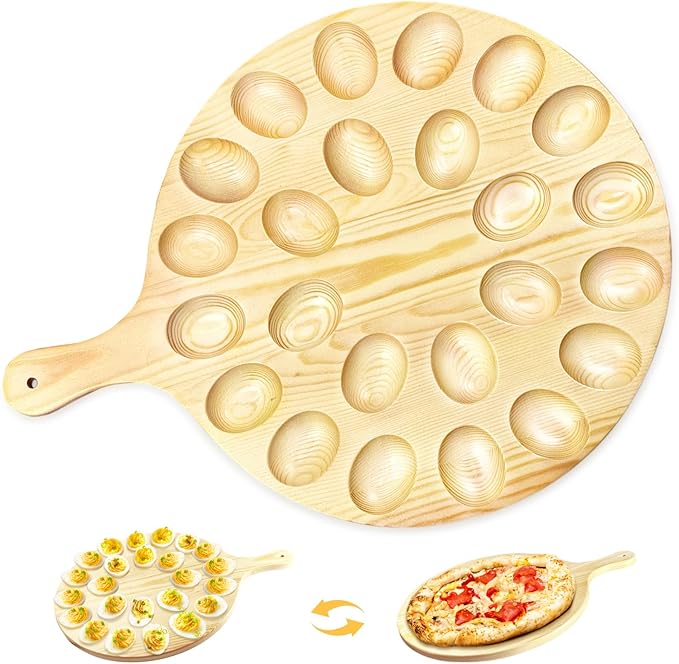 24 Holes Deviled Egg Platter,Wooden Round Deviled Egg Tray,Charcuterie Board Tray Holder Carrier for Kitchen Countertops,Serving Tray,Pizza,Pies,Barbecue,Snacks