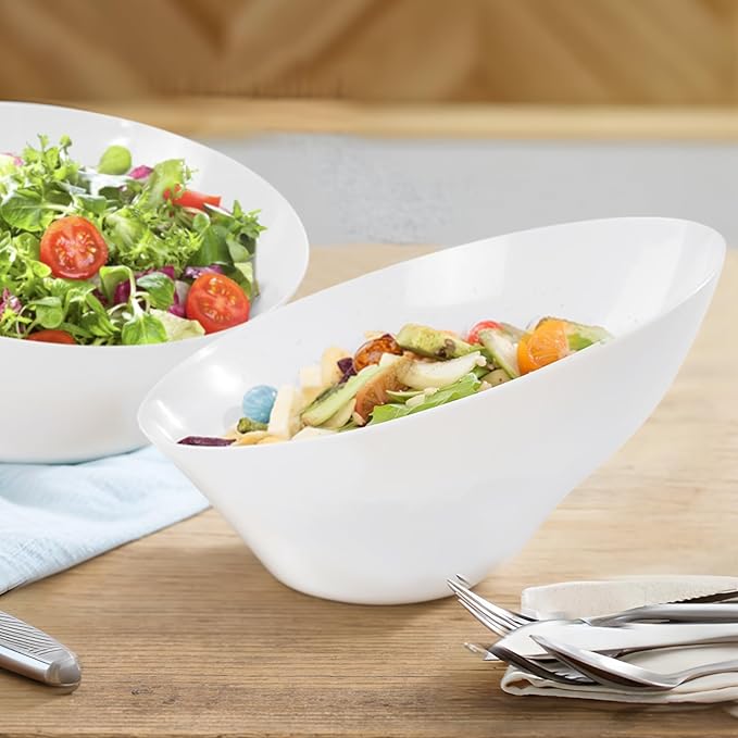 bUCLA 12 Pack White Plastic Serving Bowls - 20 OZ Angled Party Table Salad and Fruit Bowls Disposable for Chip&Candy, Ideal for Wedding