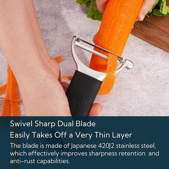 KITCHENDAO Swivel Vegetable Potato Peeler for Kitchen, Japanese Stainless Steel Sharp Blade, Heavy Duty Die-cast Construction Y Peeler, Built-in Eye Remover, Soft-touch Handle, Dishwasher Safe, Black