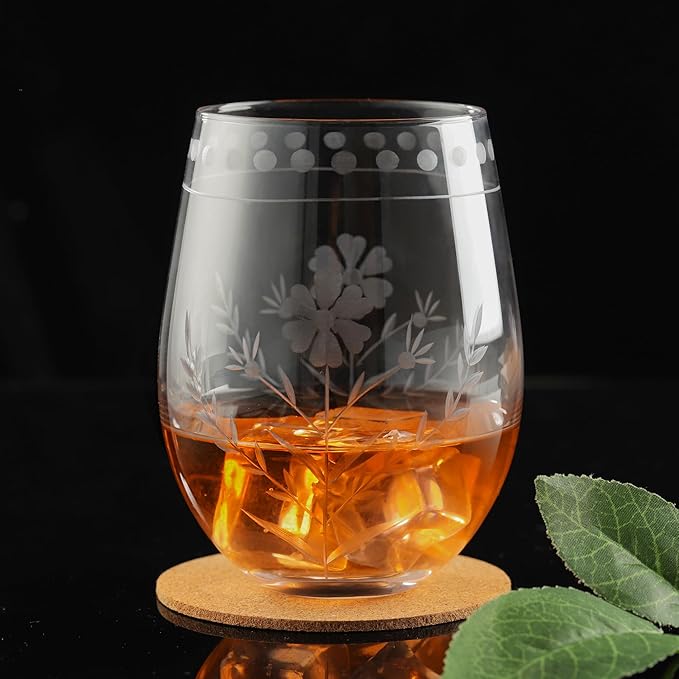Joeyan Hand Blown Etched Stemless Wine Glasses,Carved Red and White Wine Tumbler with Floral Pattern,Clear Drinking Glass Cups,Glassware for Birthday Party Anniversary,19 oz,Set of 4,Dishwasher Safe