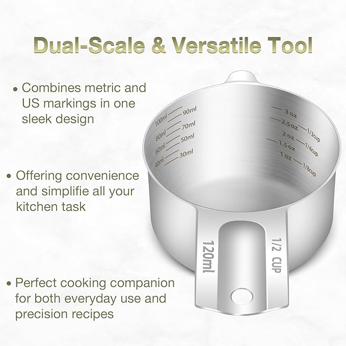 2PCS 1/2Cup (120ml, 4oz) Single Measuring Cup, Etched Inner Scale Stainless Steel Measure Scoop, Metric and US Measurement, Dishwasher Safe