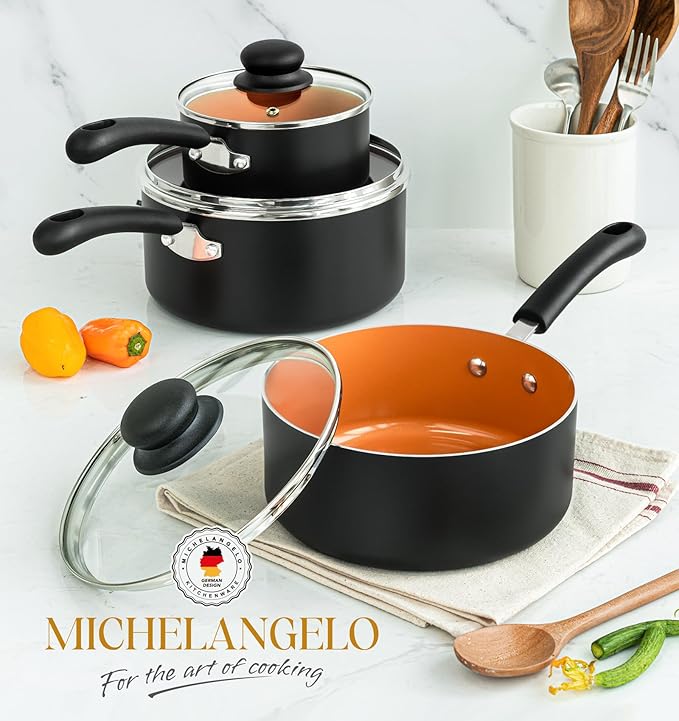 MICHELANGELO Ceramic Saucepan Set 1.5QT & 2QT & 3QT Nonstick Sauce Pans, PFAS-FREE Saucepan with Lid, Copper Saucepans Set of 3, Multipurpose Small Sauce Pot, Non Stick Sauce Pots, Dishwasher Safe