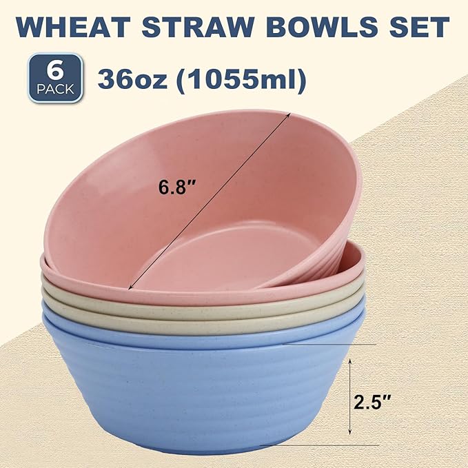 Wheat Straw Bowl Sets,6 PCS Unbreakable Cereal Bowl 36 OZ,Microwave and Dishwasher Safe Bowls,Alternative Plastic Bowls Reusable for Fruit,Oatmeal and Salad (Colorful)