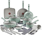 T-Fal Refresh Ceramic Nonstick Cookware Set, 20-Piece, Oven Safe to 350°F, Stockpot, Ceramic Pots and Pans Set, Frying Pans, Griddle, Utensils, Mint Green