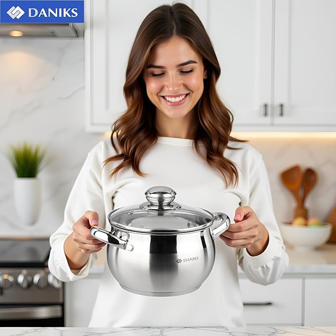 Daniks Classic 2 Quart Stainless Steel Stock Pot with Glass Lid, Tri-Ply Bottom for Even Heating, Induction Compatible, Dishwasher Safe