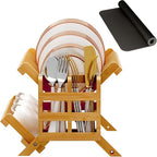 Greenual Bamboo Dish Drying Rack with Utensil Holder, 2 Tier Collapsible Dish Rack, Wooden Dish Racks for Kitchen Counter, Folding Drying Holder with Absorbent Dish Drying Mat
