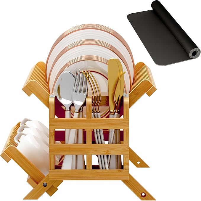 Greenual Bamboo Dish Drying Rack with Utensil Holder, 2 Tier Collapsible Dish Rack, Wooden Dish Racks for Kitchen Counter, Folding Drying Holder with Absorbent Dish Drying Mat