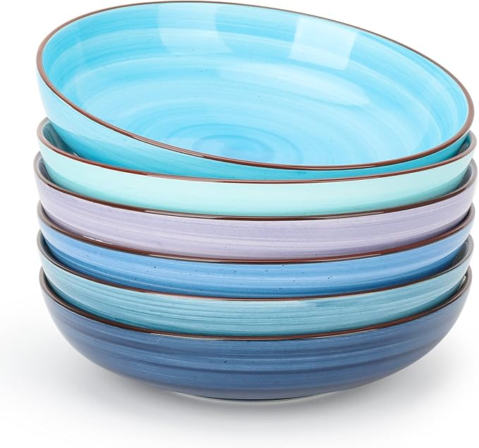 KitchenTour Ceramic Pasta Bowls - Large Salad Bowls Porcelain Serving Bowl Set 26 Ounce - 8 Inch Soup Bowl - Dishwasher and Microwave Safe - Set of 6, Assorted Cool Colors
