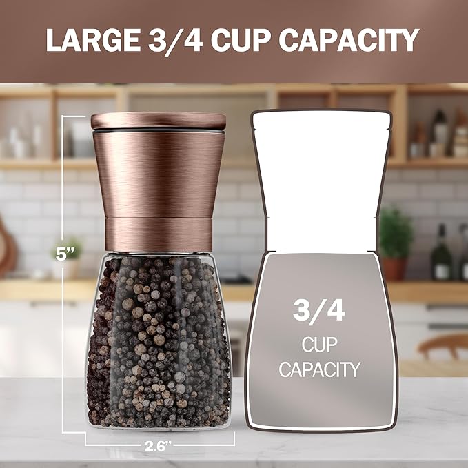 Home EC Original Copper Salt and Pepper Grinder Set of 2 - Adjustable Ceramic Grinder - Glass Salt and Pepper Shakers With Funnel and Ebook - Kitchen Spice Mill - Copper Kitchen Accessories