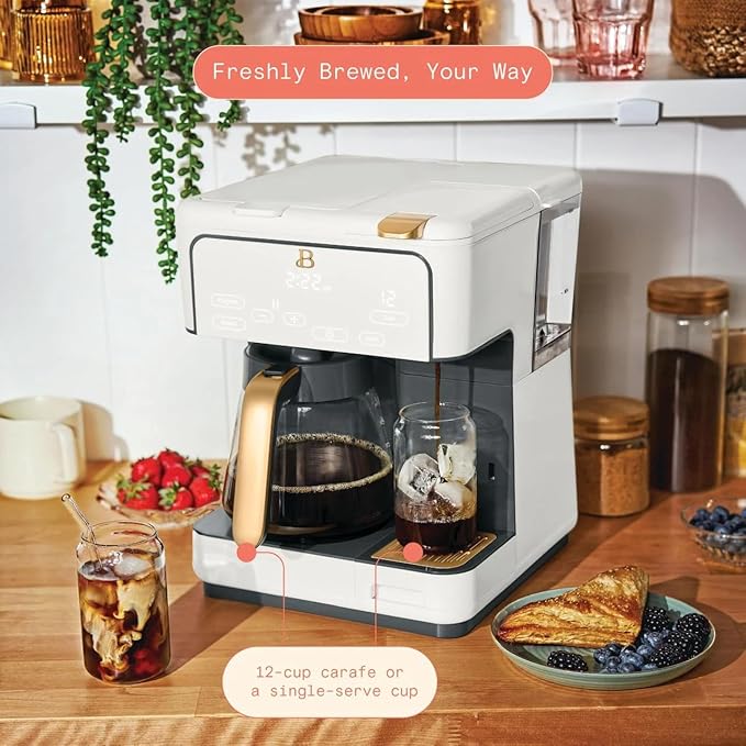 Beautiful Multi-Brew Drip Coffee Maker & Single Serve Machine, Glass Carafe, Keep Warm, Travel Mug Friendly, 3 brew settings, Touch-activated home and kitchen by Drew Barrymore (White)