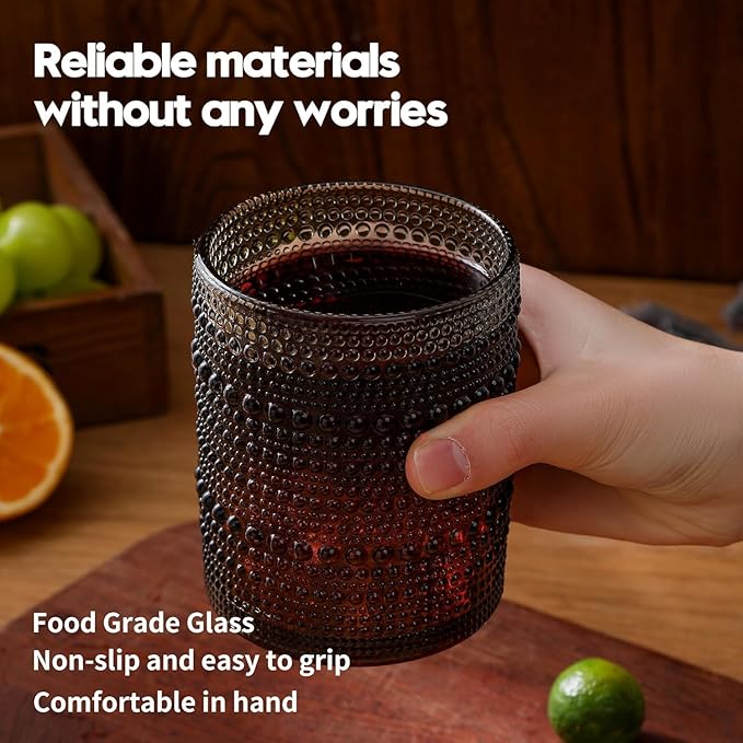 6-Pcs Hobnail Drinking Glasses Sets - 12 oz Vintage Kitchen Glassware Embossed Beaded Glass Cups, Gray Water Tumbler for Cocktail, Whiskey, Juice and Various Mixed Drinks