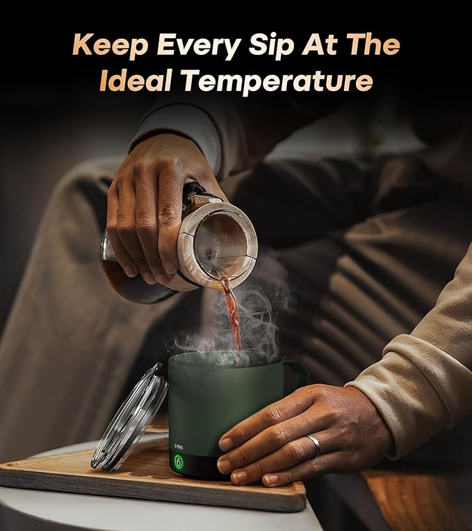 Heated Coffee Mug Rechargeable - Temperature Control Self Heating Coffee Mug 14oz with Lid, Double Sided & Real-Time LED Display, Hot up to 150℉, Birthday Gifts for Women and Men(Green)