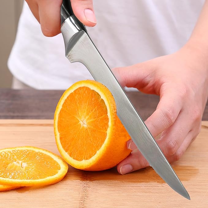 Premium Boning Knife with Sheath & Pocket Sharpener 6 Inch High Carbon Stainless Steel Japanese Fillet Professional Trimming Knife for Meat, Fish, Deboning
