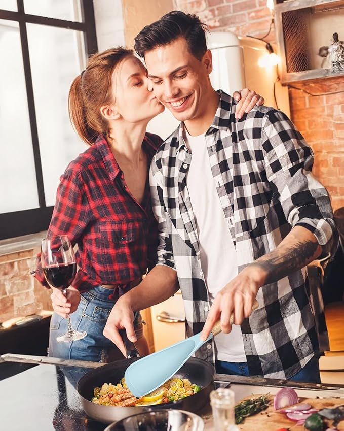 Cooking Spoon for Nonstick Cookwares, Great for Cooking and Serving Sturdy BPA-Free Matte Silicone, Wood Handle Spoon for Mixing, Scoop, and Scrape (BLUE)