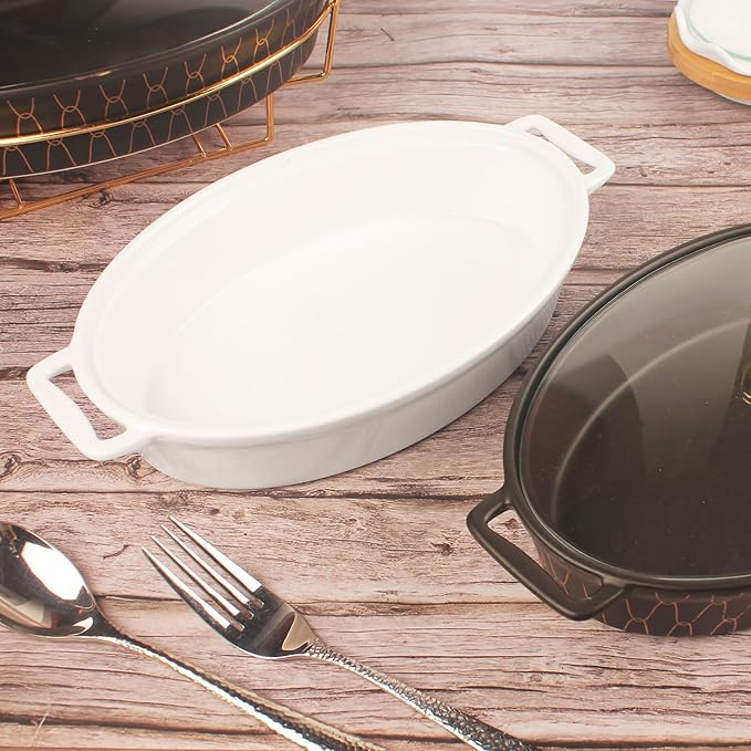 11" x 7" Ceramic Oval Casserole Dish with Glass Lid, 1.3 Quart White Serving Soup Tureen,Chafing Dish for Buffet, Family Food preserve Tray, Catering Casserole for Party Style