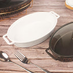 10" x 7" Ceramic Oval Casserole Dish with Glass Lid, 30 Ounce White Serving Soup Tureen,Chafing Dish for Buffet, Family Food preserve Tray, Catering Casserole for Party Style