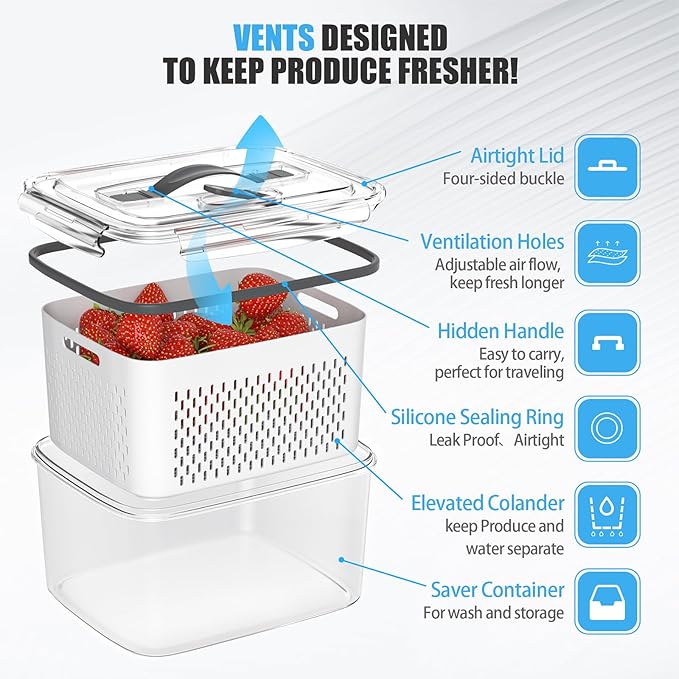 5 Pack Fruit Storage Containers for Fridge - Clear Berry Containers with Colander, Airtight Fridge Organizer Bins with Vent Handle Lids for Refrigerator Organizers and Storage Keep Fresh