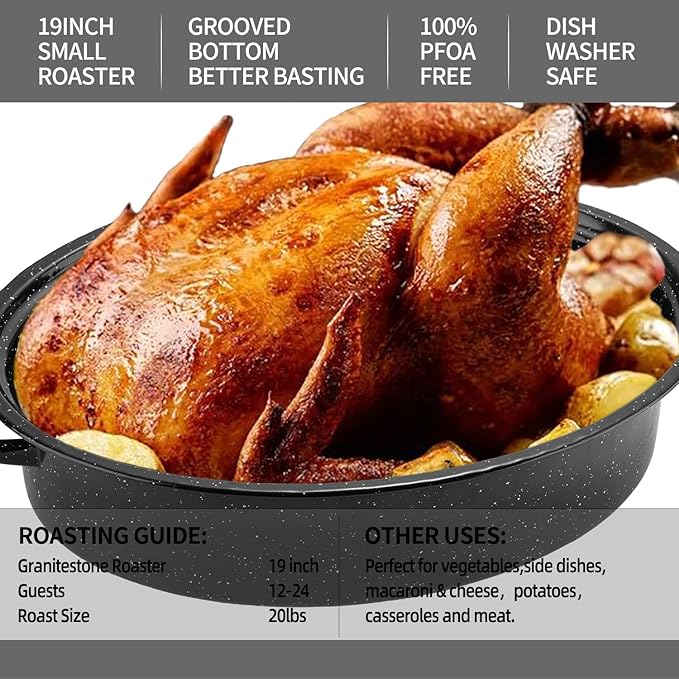 Granite Roaster Pan, 19” Enameled Roasting Pan with Domed Lid. Oval Turkey Roaster Pot, Broiler Pan Great for Turkey, Chicken, Lamb, Vegetable. Dishwasher Safe Cookware Fit for 20Lb Turkey by Kendane