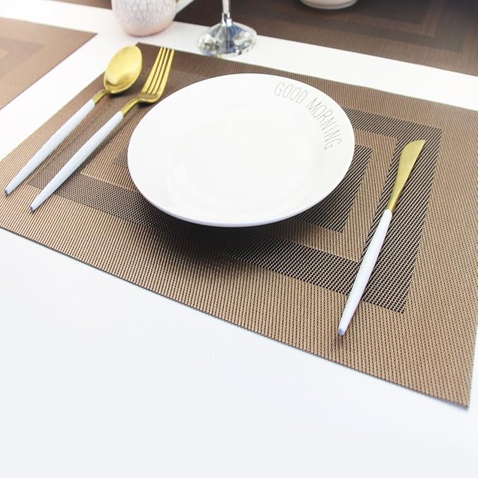 PIGCHCY Durable Plastic Placemats - Heat Resistant, Washable Woven Table Mats - Set of 4 (Coffee Brown)