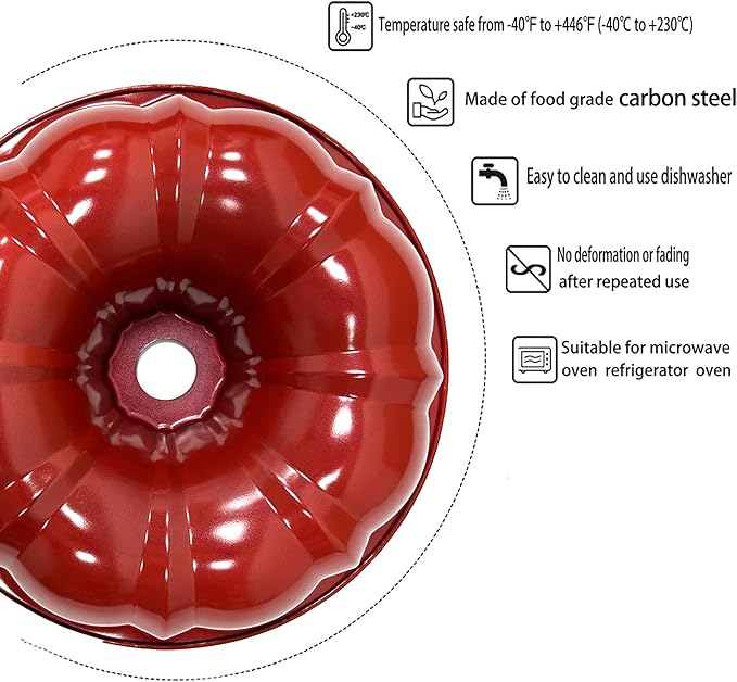 Classic Bakeware 9.5 Inch Non-stick Fluted Cake Pan,Heavy Duty Carbon Steel Tube Baking Mold Red