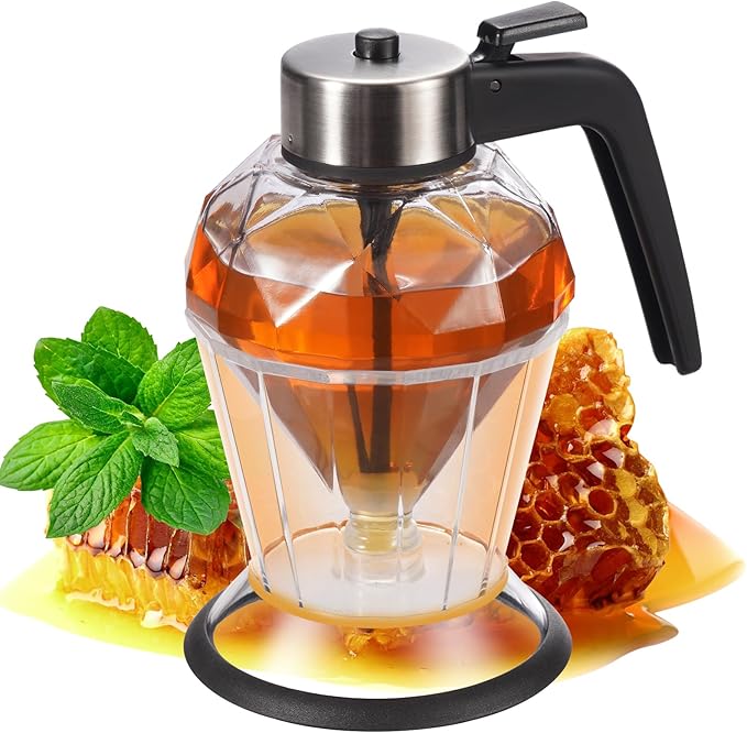 Glass Honey Dispenser, No Drip Honey Dispenser with Stand Diamond Shaped Honey Pot, Beautiful Syrup and Sugar Jar
