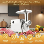 Electric Meat Grinder, Multifunctional Stainless Steel Meat Grinders, 3-Second Fast Meat Grinding with 5 Grinding Plates, 2 Stainless Steel Cutting Blades, 1 Sausage Maker and Kubbe Kit for Kitchen