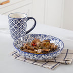 Ceramic Pasta Bowls Set - 32 OZ Porcelain Serving Soup Cereal Bowls 8.5 inch Wide and Shallow Salad Dinner Bowls - Microwave Dishwasher Oven Safe - Set of 4 - Vintage Blue