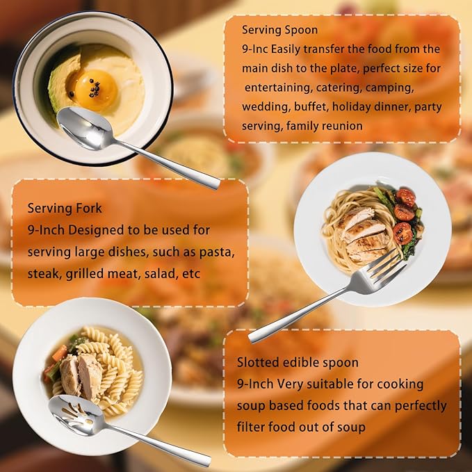 Large Hostess Serving Utensils Set, Stainless Steel Heavy Duty Serving spoons, Slotted Spoons, Serving Fork, Cake Server, Butter Knife, Dishwasher Safe (Silver)