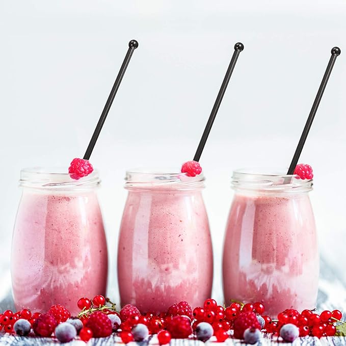 100 Pieces Disposible Plastic Round Top Crystal Swizzle Sticks (Black)