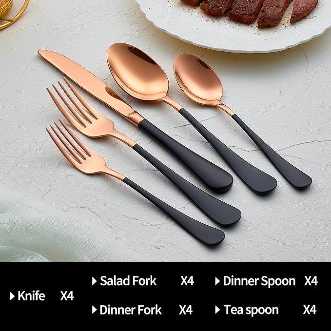 20-Pieces Rose Gold and Black Silverware Sets for 4,Black Handle Stainless Steel Cutlery Set, Include Forks Spoons and Knives Set, Dishwasher Safe Utensil Sets for Home Restaurant