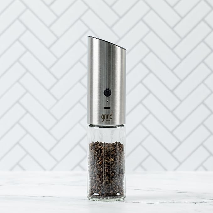 Grind Gourmet Automatic Electric Salt or Pepper Grinder Mill, USB Rechargeable, Adjustable Coarseness, One-Handed Operation, Stainless Steel